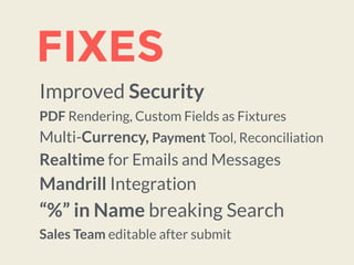 FIXES
Improved Security 
PDF Rendering, Custom Fields as Fixtures  
Multi-Currency, Payment Tool, Reconciliation 
Realtime for Emails and Messages 
Mandrill Integration 
“%” in Name breaking Search 
Sales Team editable after submit
 