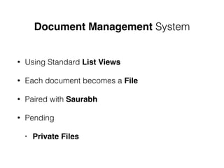 Document Management System
• Using Standard List Views
• Each document becomes a File
• Paired with Saurabh
• Pending
• Private Files
 