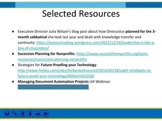 Selected Resources
● Executive Director Julia Wilson’s blog post about how OneJustice planned for the 3-
month sabbatical she look last year and dealt with knowledge transfer and
continuity: https://onejusticeblog.wordpress.com/2015/12/18/leadership-is-like-a-
box-of-chocolates/
● Sucession Planning for Nonprofits: https://www.councilofnonprofits.org/tools-
resources/succession-planning-nonprofits
● Strategies for Future-Proofing your Technology:
http://www.forbes.com/sites/forbestechcouncil/2016/02/18/eight-strategies-to-
future-proof-your-technology/#266e7d1f2560
● Managing Document Automation Projects LHI Webinar:
https://www.probono.net/link.cfm?25997
 
