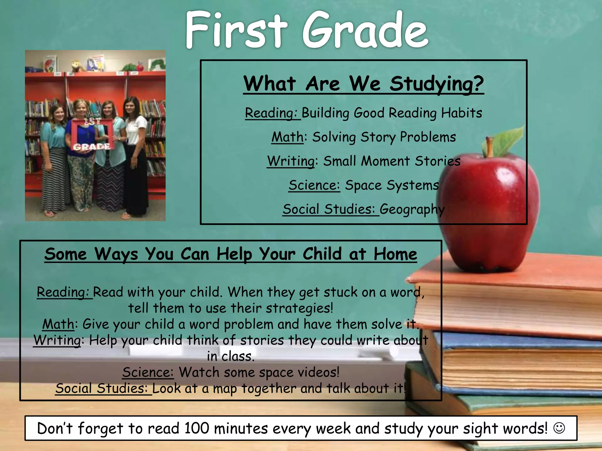 What Are We Studying?
Reading: Building Good Reading Habits
Math: Solving Story Problems
Writing: Small Moment Stories
Science: Space Systems
Social Studies: Geography
Don’t forget to read 100 minutes every week and study your sight words! 
Some Ways You Can Help Your Child at Home
Reading: Read with your child. When they get stuck on a word,
tell them to use their strategies!
Math: Give your child a word problem and have them solve it.
Writing: Help your child think of stories they could write about
in class.
Science: Watch some space videos!
Social Studies: Look at a map together and talk about it!
 