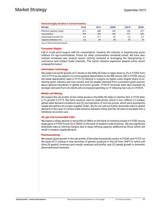  
 
   
 
Kotak Securities – Private Client Research  Please see the Disclosure/Disclaimer on the last page  For Private Circulation   11 
Market Strategy September 2019
Demand Supply situation in Cement Industry
All India 2018 2019 2020E 2021E 2022E
Effective Capacity (mtpa) 473 488 520 542 572
Consumption 293 333 349 371 393
Consumption growth (%) 6.5 13.7 4.8 6.3 5.9
Capacity Utilisation (%) 63 69 68 69 70
Source: Kotak Institutional Equities
Consumer Staples
Fall in crude price augurs well for consumption; however the industry is experiencing some
inflation for agri-commodities. Prices for other commodities remained mixed. We have also
noticed increased new product launch activity centered at leveraging the fast-growing e-
commerce and modern trade channels. The sector remains expensive despite some recent
underperformance.
Information Technology
We expect net profit growth of IT stocks in the Nifty-50 Index to taper down to 3% in FY20E from
16% in FY19 as we expect (1) a more gradual depreciation in the INR versus USD in FY20E versus
the steep depreciation seen in FY19; (2) decline in margins on higher costs (higher share of on-
shoring given industry and visa issues) and (3) weaker demand from customers given worries
about general slowdown in global economic growth. FY2019 revenues were also boosted by
stronger demand from US clients who increased spending on IT following tax cuts in CY2018.
Metals and Mining
We expect the net profits of the metal stocks in the Nifty-50 Index to decline 26% in FY20 after
a 7% growth in FY19. We have cautious view on steel prices, which in turn reflects (1) weaker
global steel demand conditions and (2) normalization of iron-ore prices, which were boosted by
supply disruptions at a major supplier (Vale). We do not rule out further downside risks to global
demand in the case of current trade tensions between China and the US were to escalate into a
full-blown economic war.
Oil, gas and consumable fuels.
We expect a sharp decline in net profits of OMCs on the back of inventory losses in FY20E versus
large gains in FY2019 and (2) in ONGC on the back of weaker crude oil prices. We see significant
downside risks to refining margins due to large refining capacity additions by China, which will
result in weaker supply-demand.
Pharmaceuticals.
We expect good growth in the net profits of the pharmaceuticals sector in FY20E and FY21E on
the back of (1) pickup in new launches of generic products in the US from 2HFY19, which will
drive US generic revenues and overall, revenues and profits, and (3) steady growth in domestic
pharmaceutical revenues.
 