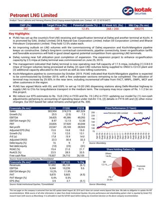 Petronet LNG Limited
CMP (Rs) 52 Week H/L (Rs) Mkt Cap (Rs mn)
267 268 / 200 400275
Financials (Rs mn)* FY19 FY20E FY21E
Sales 383,954 374,219 401,524
Growth (%) 25.5 (2.5) 7.3
EBITDA 34,425 45,386 49,393
EBITDA margin (%) 8.97 12.13 12.30
PBT 33,826 37,920 43,044
Net profit 22,547 25,169 28,503
Adjusted EPS (Rs) 15.0 16.8 19.0
Growth (%) 7.9 12.0 13.1
P/E (x) 17.8 15.9 14.0
Adjusted CROCI 23.3 30.4 32.3
Debt/equity (%) 16 9 7 Source: Bloomberg
Net debt/equity (10) (23) (31)
ROAE (%) 19.4 21.0 21.7
RoACE (%) 23.5 28.5 33.5
Free cash flow 19,507 26,710 26,105
Source: Kotak Institutional Equities; *Consolidated
Financials (Rs mn)* 1QFY19 1QFY20 % Chg
Revenues 91,692 86,134 (6.1)
EBITDA 9,344 10,239 9.6
EBITDA Margin (%) 10.2% 11.9%
PAT 5,870 5,603 (4.5)
PAT Margin (%) 6.4% 6.5%
EPS (Rs) 3.9 3.7 (5.1)
Source: Kotak Institutional Equities; *Consolidated Source: Bloomberg
This one pager on the company is extracted from last KIE update dated August 08, 2019 and it does not contain events beyond that date. We take no obligation to update the KIE
recommendations. While source of all other information is taken from Kotak Institutional Equities, the price performance and shareholding pattern chart is inputted by Kotak PCG
research team (with source as Bloomberg). It is advisable to read the full KIE report before taking any investment decision on the above company recommendation.
Share Holding Pattern (%)
Analyst: Tarun Lakhotia and Hemang Khanna (Email: kspcg.research@kotak.com; Contact: +91 22 6218 6427)
Price Performance (3 Years)
Target Price (Rs)
300 12.4%
Potential Upside (%)
Promoter
50.1%
FII
23.4%
DII
12.1%
Others
14.4%
Key Highlights:
 PLNG has set up the country's first LNG receiving and regasification terminal at Dahej and another terminal at Kochi. It
is promoted by GAIL (India) Limited, Oil & Natural Gas Corporation Limited, Indian Oil Corporation Limited and Bharat
Petroleum Corporation Limited. They hold 12.5% stake each.
 An improving outlook on LNG volumes with the commissioning of Dahej expansion and Kochi-Mangalore pipeline
keeps us constructive. Dahej’s long-term contractual commitments, pipeline connectivity, lower re-gasification tariffs
and favorable economics will hold in good stead against potential competition from upcoming LNG terminals.
 Dahej running near full utilization post completion of expansion. The expansion project to enhance re-gasification
capacity by 2.5 mtpa at Dahej terminal was commissioned on June 25, 2019.
 The management indicated that Dahej terminal is now operating near full capacity of 17.5 mtpa, including (1) 0.8-0.9
mtpa of Gorgon volumes being processed at Dahej, (2) spot LNG volumes being supplied to ONGC’s C2-C3 plant and
(3) additional capacity allocated to the current as well as new tolling customers.
 Kochi-Mangalore pipeline to commission by October 2019. PLNG indicated that Kochi-Mangalore pipeline is expected
to be commissioned by October 2019, with a few underwater sections remaining to be completed. The utilization of
terminal may increase by 25-30% in the near term, including incremental off-take from FACT, MRPL, OMPL, MCF and
other customers in the region.
 PLNG has signed MoUs with IGL and GSPL to set up 10-20 LNG dispensing stations along Delhi-Mumbai highway to
supply LNG to CVs for long-distance transport in the medium term. The company may incur capex of Rs. 1-1.2 bn on
this project.
 We reduce our EPS estimates to Rs. 16.8 (-5%) in FY20 and Rs. 19 (-4%) in FY21 updating our model for (1) non-cash
adjustments pertaining to accounting of operating lease under Ind-AS 116, (2) details in FY19 AR and (3) other minor
changes. Our DCF-based fair value remains unchanged at Rs. 300.
70
100
130
160
190
220
250
Apr-16
Jun-16
Aug-16
Oct-16
Dec-16
Feb-17
Apr-17
Jun-17
Aug-17
Oct-17
Dec-17
Feb-18
Apr-18
Jun-18
Aug-18
Oct-18
Dec-18
Feb-19
Apr-19
Jun-19
Aug-19
Petronet LNG Limited Nifty
 