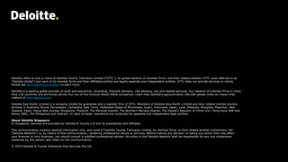 Deloitte refers to one or more of Deloitte Touche Tohmatsu Limited (“DTTL”), its global network of member firms, and their related entities. DTTL (also referred to as
“Deloitte Global”) and each of its member firms and their affiliated entities are legally separate and independent entities. DTTL does not provide services to clients.
Please see www.deloitte.com/about to learn more.
Deloitte is a leading global provider of audit and assurance, consulting, financial advisory, risk advisory, tax and related services. Our network of member firms in more
than 150 countries and territories serves four out of five Fortune Global 500® companies. Learn how Deloitte’s approximately 286,000 people make an impact that
matters at www.deloitte.com.
Deloitte Asia Pacific Limited is a company limited by guarantee and a member firm of DTTL. Members of Deloitte Asia Pacific Limited and their related entities provide
services in Australia, Brunei Darussalam, Cambodia, East Timor, Federated States of Micronesia, Guam, Indonesia, Japan, Laos, Malaysia, Mongolia, Myanmar, New
Zealand, Palau, Papua New Guinea, Singapore, Thailand, The Marshall Islands, The Northern Mariana Islands, The People’s Republic of China (incl. Hong Kong SAR and
Macau SAR), The Philippines and Vietnam. In each of these, operations are conducted by separate and independent legal entities.
About Deloitte Singapore
In Singapore, services are provided by Deloitte & Touche LLP and its subsidiaries and affiliates.
This communication contains general information only, and none of Deloitte Touche Tohmatsu Limited, its member firms, or their related entities (collectively, the
“Deloitte Network”) is, by means of this communication, rendering professional advice or services. Before making any decision or taking any action that may affect
your finances or your business, you should consult a qualified professional adviser. No entity in the Deloitte Network shall be responsible for any loss whatsoever
sustained by any person who relies on this communication.
© 2019 Deloitte & Touche Enterprise Risk Services Pte Ltd
 
