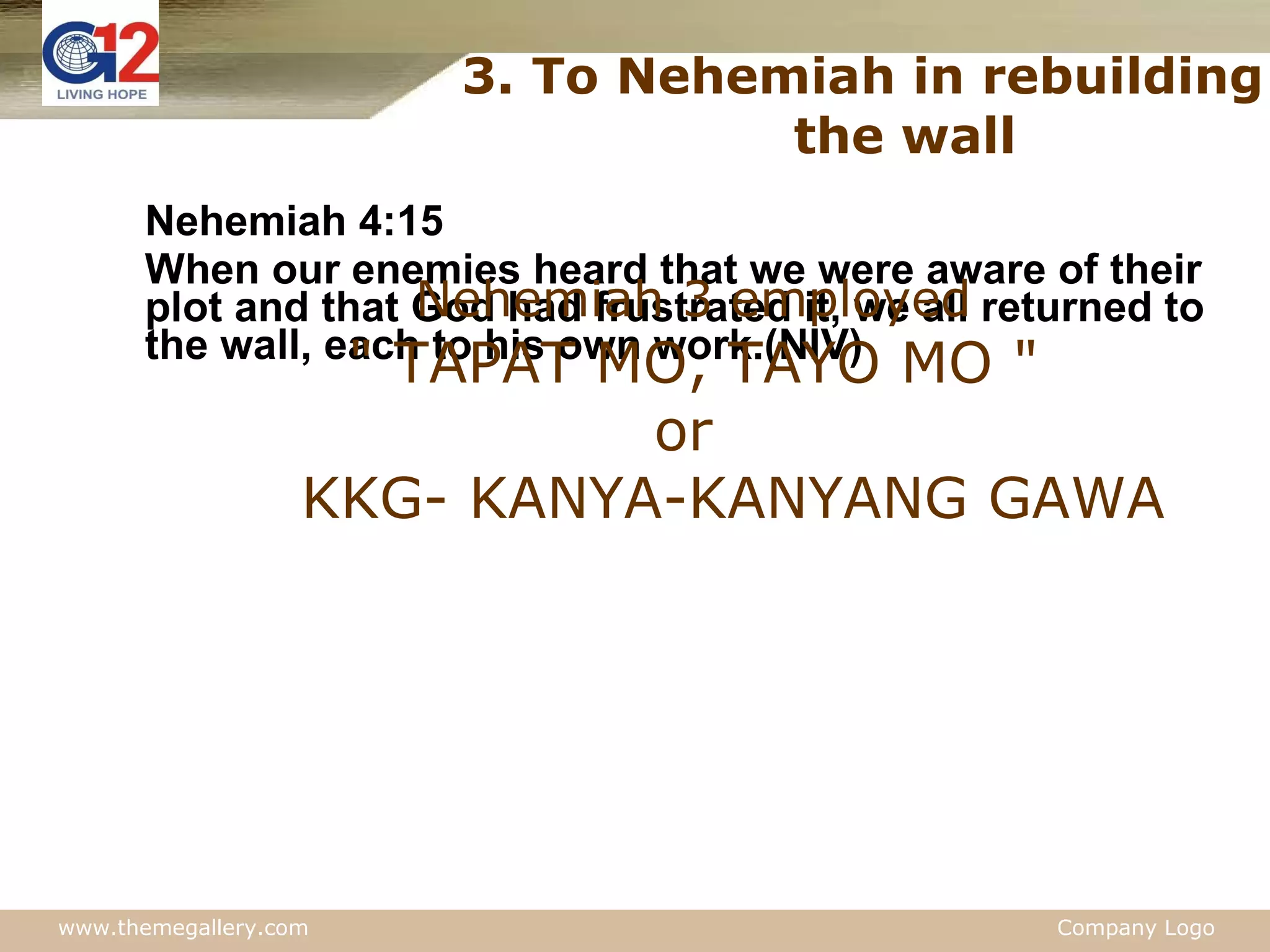 Nehemiah 4:15 When our enemies heard that we were aware of their plot and that God had frustrated it, we all returned to the wall, each to his own work.(NIV) 3. To Nehemiah in rebuilding the wall Nehemiah 3 employed  " TAPAT MO, TAYO MO "  or    KKG- KANYA-KANYANG GAWA 