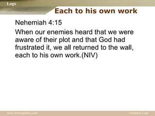 Each to his own work Nehemiah 4:15 When our enemies heard that we were aware of their plot and that God had frustrated it, we all returned to the wall, each to his own work.(NIV) 