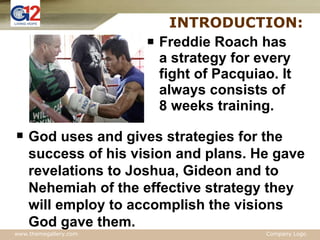 INTRODUCTION: Freddie Roach has a strategy for every fight of Pacquiao. It always consists of 8 weeks training.  God uses and gives strategies for the success of his vision and plans. He gave revelations to Joshua, Gideon and to Nehemiah of the effective strategy they will employ to accomplish the visions God gave them. 