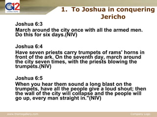 To Joshua in conquering Jericho Joshua 6:3 March around the city once with all the armed men. Do this for six days.(NIV) Joshua 6:4 Have seven priests carry trumpets of rams' horns in front of the ark. On the seventh day, march around the city seven times, with the priests blowing the trumpets.(NIV) Joshua 6:5 When you hear them sound a long blast on the trumpets, have all the people give a loud shout; then the wall of the city will collapse and the people will go up, every man straight in."(NIV) 