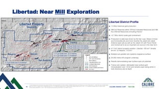 16 CALIBRE MINING CORP | TSX:CXB
Libertad: Near Mill Exploration
Libertad District Profile
1.9 Moz historical gold production
296 koz Reserves within 378 koz Indicated Resources and 386
koz Inferred Resources (including Pavon)1
>2.7 Moz district scale gold endowment
Production to date was driven by the San Juan, Mojon-Crimea
and Esmeralda pits and more recently the Jabali and Jabali
Antenna open pits as well as the Jabali UG with Pavon Norte
and Central set to be an important ore source in the near term
411 km2 district property position: Libertad: 155 km2; Amalia:
84 km2; El Nispero: 172 km2
Multiple sub-parallel vein systems mapped at surface
20,000 metre drill program underway
Results demonstrating near surface open pit potential
Tranca vein system: delineated near surface gold
mineralization over 1.6 km and remains open along strike in
both directions and at depth
11.3 g/t Gold over 5.4 metres2
16.8 g/t Gold over 2.8 metres
13.8 g/t Gold over 4.4 metres2
1. See disclosure and resources and reserve slides in this presentation for further details. Updated Resources and Reserves are as of December 31, 2020 see news release dated
March 29, 2021 on sedar.com or Calibremining.com 2. For additional details refer to Calibre news release dated June 8, 2021. 3. For additional details refer to Calibre news
release dated September 8, 2021. Drill intercepts are recorded as Estimated True Width (“ETW”).
1.71 g/t Gold over 22.3 metres
3.11 g/t Gold over 11.4 metres3
 