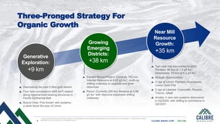 9 CALIBRE MINING CORP | TSX:CXB
9 CALIBRE MINING CORP | TSX:CXB
Three-Pronged Strategy For
Organic Growth
Discovering the next 5 Moz gold district
Four new concessions (645 km2) staked
along regional bold-bearing structures in
Pacific Epithermal Belt
Buena Vista: Five known vein systems,
a claim block the size of Limon
1. See disclosure and resources and reserve slides in this presentation for further details. Updated Resources and Reserves are as of December 31, 2020 see news release
dated March 29, 2021 on sedar.com or Calibremining.com
Eastern Borosi Project: Currently 700 koz
Inferred Resource at 4.93 g/t Au1, multi-rig
drilling underway to upgrade and grow
resources
Pavon: Currently 200 koz Reserve at 4.86
g/t Au1 with resource expansion drilling
underway
Two near mill discoveries in 2020:
Panteon: 80 koz at 7.8 g/t Au1,
Atravesada: 78 koz at 6.3 g/t Au1
Multiple Opportunities:
4 rigs at Limon: Panteon, Atravesada,
Limon Open Pits
5 rigs at Libertad: Cosmotillo, Rosario,
Tranca, Jabali
Amalia: 4 new vein systems discovered
in H2/2020, with drilling to commence in
Q2/2021.
Generative
Exploration:
+9 km
Growing
Emerging
Districts:
+38 km
Near Mill
Resource
Growth:
+35 km
 
