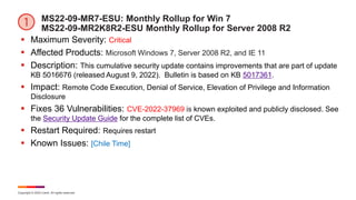 Copyright © 2022 Ivanti. All rights reserved.
MS22-09-MR7-ESU: Monthly Rollup for Win 7
MS22-09-MR2K8R2-ESU Monthly Rollup...