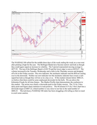 The NASDAQ 100 rallied for the middle three days of the week ending the week on a sour note after printing a high for the year. The Bollinger Bands have become narrow and look as though they could again signal an increase in volatility. The 5-period exponential moving average is 4077.95. The top of the Bollinger Band is 4102.70 and the lower edge is seen at 4039.67. The volume increased in the Tuesday, Wednesday and a little in the Thursday session and dropped off a bit in the Friday session. Our own indicator, the stochastic indicator and the RSI are curling over to the downside. Neither our own indicator nor the stochastic indicator have issues a sell- signal but look as though they will do so in a day or so. If this market retreats below 4004.25, we believe that there could be some unpleasant downside for the bulls. We are above the Ichimoku Clouds for all time-frames. The Market Profile chart demonstrates the confusion in this market. The action was clearly a downside push in the Friday session. The 1% by 3-box daily point and figure chart continues to look positive. The 60 minute 0.1% by 3-box chart has a downside target of 4007.22, which number is very close to our line in the sand number of 4004.25. The tech heavy NASDAQ 100 index has been struggling a bit telling us that we need to exert some caution.  