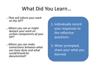 What Did You Learn…
…That will inform your work
 on the SIP?
                              1. Individually record
…Where you can or might          your responses to
 deepen your work on
 certain components of your      the reflective
 SIP?                            questions .
…Where you can make           2. When prompted,
 connections between what
 you have done and what          share your what you
 could/should be                 learned.
 documented?
 