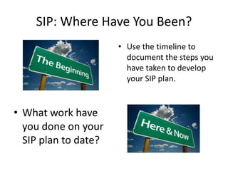 SIP: Where Have You Been?
                      • Use the timeline to
                        document the steps you
                        have taken to develop
                        your SIP plan.


• What work have
  you done on your
  SIP plan to date?
 