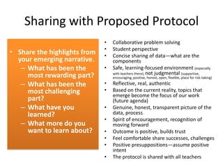 Sharing with Proposed Protocol
                              •   Collaborative problem solving
                              •   Student perspective
• Share the highlights from   •   Concise sharing of data—what are the
  your emerging narrative.        components
   – What has been the        •   Safe, learning-focused environment (especially
                                  with teachers there), not judgmental (supportive,
     most rewarding part?         encouraging, positive, honest, open, flexible, place for risk-taking)

   – What has been the        •   Reflective, real, authentic
     most challenging         •   Based on the current reality, topics that
                                  emerge become the focus of our work
     part?                        (future agenda)
   – What have you            •   Genuine, honest, transparent picture of the
     learned?                     data, process
                              •   Spirit of encouragement, recognition of
   – What more do you             moving forward
     want to learn about?     •   Outcome is positive, builds trust
                              •   Feel comfortable share successes, challenges
                              •   Positive presuppositions—assume positive
                                  intent
                              •   The protocol is shared with all teachers
 
