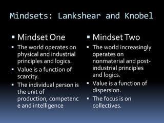 Mindsets: Lankshear and KnobelMindset OneThe world operates on physical and industrial principles and logics.Value is a function of scarcity.The individual person is the unit of production, competence and intelligenceMindset TwoThe world increasingly operates on nonmaterial and post-industrial principles and logics.Value is a function of dispersion.The focus is on collectives.