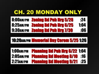 CH. 20 MONDAY ONLYCH. 20 MONDAY ONLY
8:008:00AM/PMAM/PM Zoning Bd Pub Hrg 5/28Zoning Bd Pub Hrg 5/28 :24:24
8:258:25AM/PMAM/PM Zoning Bd Pub Hrg 6/25Zoning Bd Pub Hrg 6/25 1:041:04
9:309:30AM/PMAM/PM Zoning Bd Pub Hrg 7/30Zoning Bd Pub Hrg 7/30 :06:06
10:2010:20AM/PMAM/PM Memorial Day Cerem 5/25Memorial Day Cerem 5/25 1:261:26
1:001:00AM/PMAM/PM Planning Bd Pub Hrg 6/22Planning Bd Pub Hrg 6/22 1:041:04
2:052:05AM/PMAM/PM Planning Bd Meeting 8/10Planning Bd Meeting 8/10 :16:16
2:212:21AM/PMAM/PM Planning Bd Meeting 9/21Planning Bd Meeting 9/21 :25:25
 
