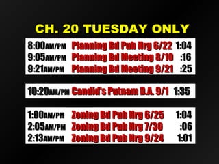 CH. 20 TUESDAY ONLYCH. 20 TUESDAY ONLY
10:2010:20AM/PMAM/PM Future Comm Media NYSFuture Comm Media NYS 1:321:3210:2010:20AM/PMAM/PM Candid’s Putnam D.A. 9/1Candid’s Putnam D.A. 9/1 1:351:35
8:008:00AM/PMAM/PM Planning Bd Pub Hrg 6/22Planning Bd Pub Hrg 6/22 1:041:04
9:059:05AM/PMAM/PM Planning Bd Meeting 8/10Planning Bd Meeting 8/10 :16:16
9:219:21AM/PMAM/PM Planning Bd Meeting 9/21Planning Bd Meeting 9/21 :25:25
1:001:00AM/PMAM/PM Zoning Bd Pub Hrg 6/25Zoning Bd Pub Hrg 6/25 1:041:04
2:052:05AM/PMAM/PM Zoning Bd Pub Hrg 7/30Zoning Bd Pub Hrg 7/30 :06:06
2:132:13AM/PMAM/PM Zoning Bd Pub Hrg 9/24Zoning Bd Pub Hrg 9/24 1:011:01
 
