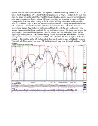 seen on this rally has been respectable. The 5-period exponential moving average is 92.57. The top of the Bollinger Band is 94.50 and the lower edge is seen at 90.24. The daily 0.9% by 3-box chart has a new upside target of 102.74 and the trade is bucking against a downtrend line trading in an area of congestion. The 60 minute .02% by 3-box chart has an upside target of 95.53 and looks positive; however, when looking at the 60 minute 0.1% by 3-box point and figure chart, there is a downside target of 91.9 and an internal downtrend line. Simply put both numbers need to be respected. All the indicators that we follow herein are positive for both the daily and weekly time-frames. We are below the Ichimoku Clouds for both the daily and monthly time- frames. We are slightly above the clouds for the weekly time-frame. The longer time-frame, the monthly chart shows a coiling or pennant. The 30 minute Market Profile chart shows a slight higher high and higher low. 14.7% of the Friday volume was at 93.00. The Heikin-Ashi chart looks positive and shows resistance levels at 94.13, 94.94 and 95.47. One thing to note for this product is that it rallied as the US Dollar rallied showing strength, at least in the Friday session. Time will tell if this support can hold. Till that is apparent, keep your stops tight and don’t fight the tape. 
 