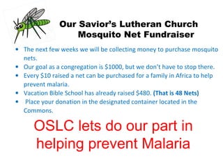 Our Savior’s Lutheran Church 
Mosquito Net Fundraiser 
· The next few weeks we will be collecting money to purchase mosquito 
nets. 
· Our goal as a congregation is $1000, but we don’t have to stop there. 
· Every $10 raised a net can be purchased for a family in Africa to help 
prevent malaria. 
· Vacation Bible School has already raised $480. (That is 48 Nets) 
· Place your donation in the designated container located in the 
Commons. 
OSLC lets do our part in 
helping prevent Malaria 
 