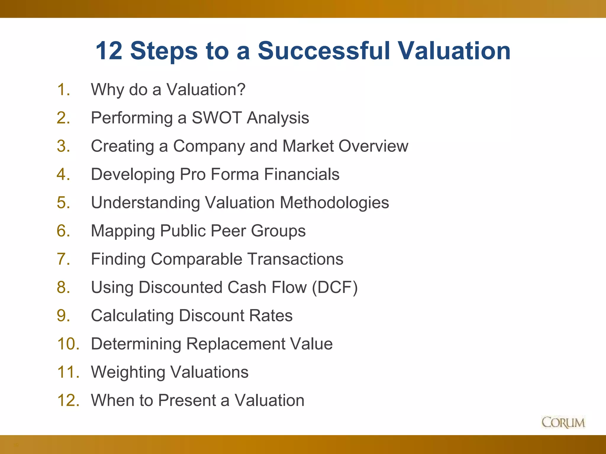 39
12 Steps to a Successful Valuation
1. Why do a Valuation?
2. Performing a SWOT Analysis
3. Creating a Company and Market Overview
4. Developing Pro Forma Financials
5. Understanding Valuation Methodologies
6. Mapping Public Peer Groups
7. Finding Comparable Transactions
8. Using Discounted Cash Flow (DCF)
9. Calculating Discount Rates
10. Determining Replacement Value
11. Weighting Valuations
12. When to Present a Valuation
 