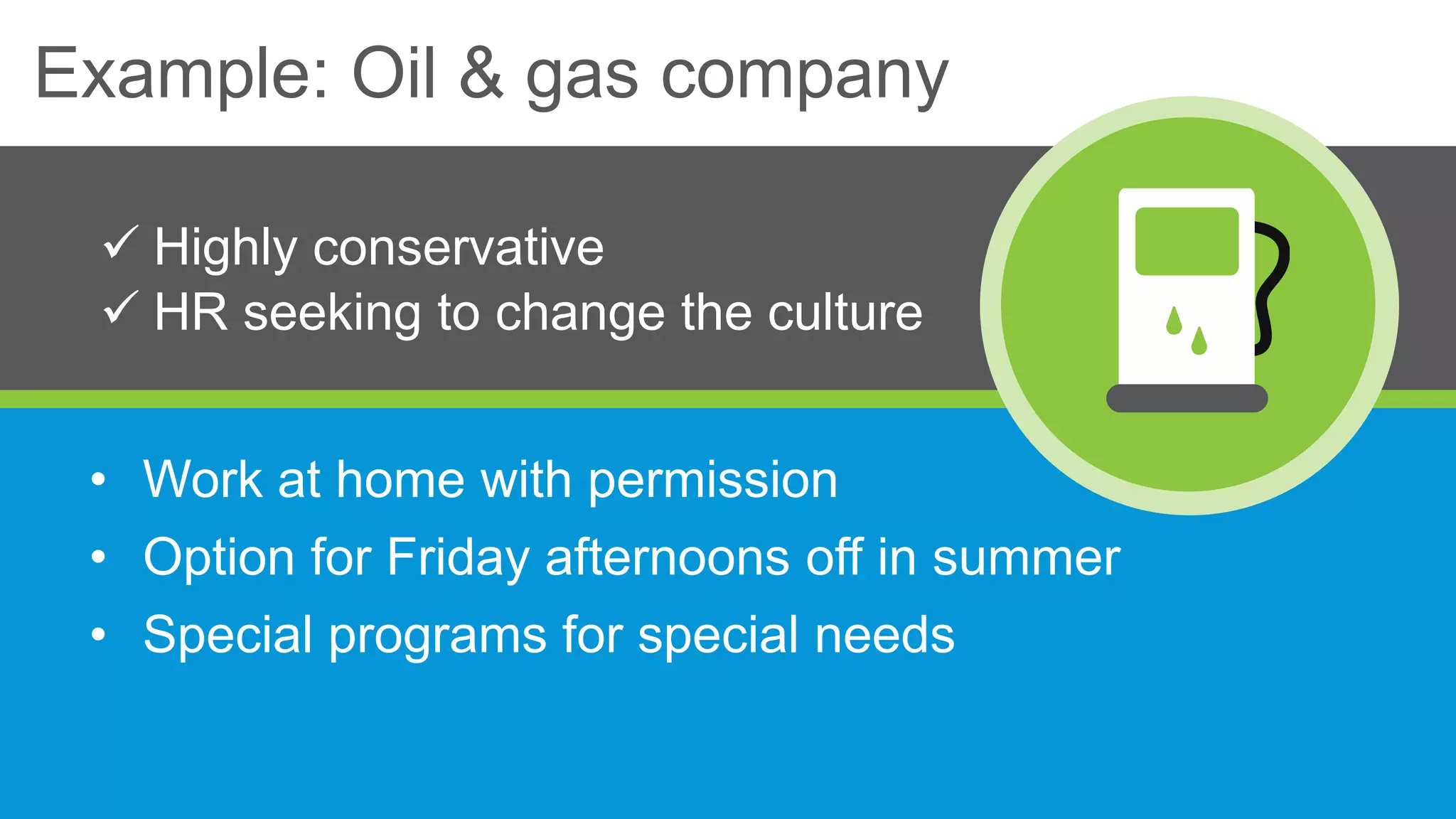 Example: Oil & gas company
• Work at home with permission
• Option for Friday afternoons off in summer
• Special programs for special needs
 Highly conservative
 HR seeking to change the culture
 