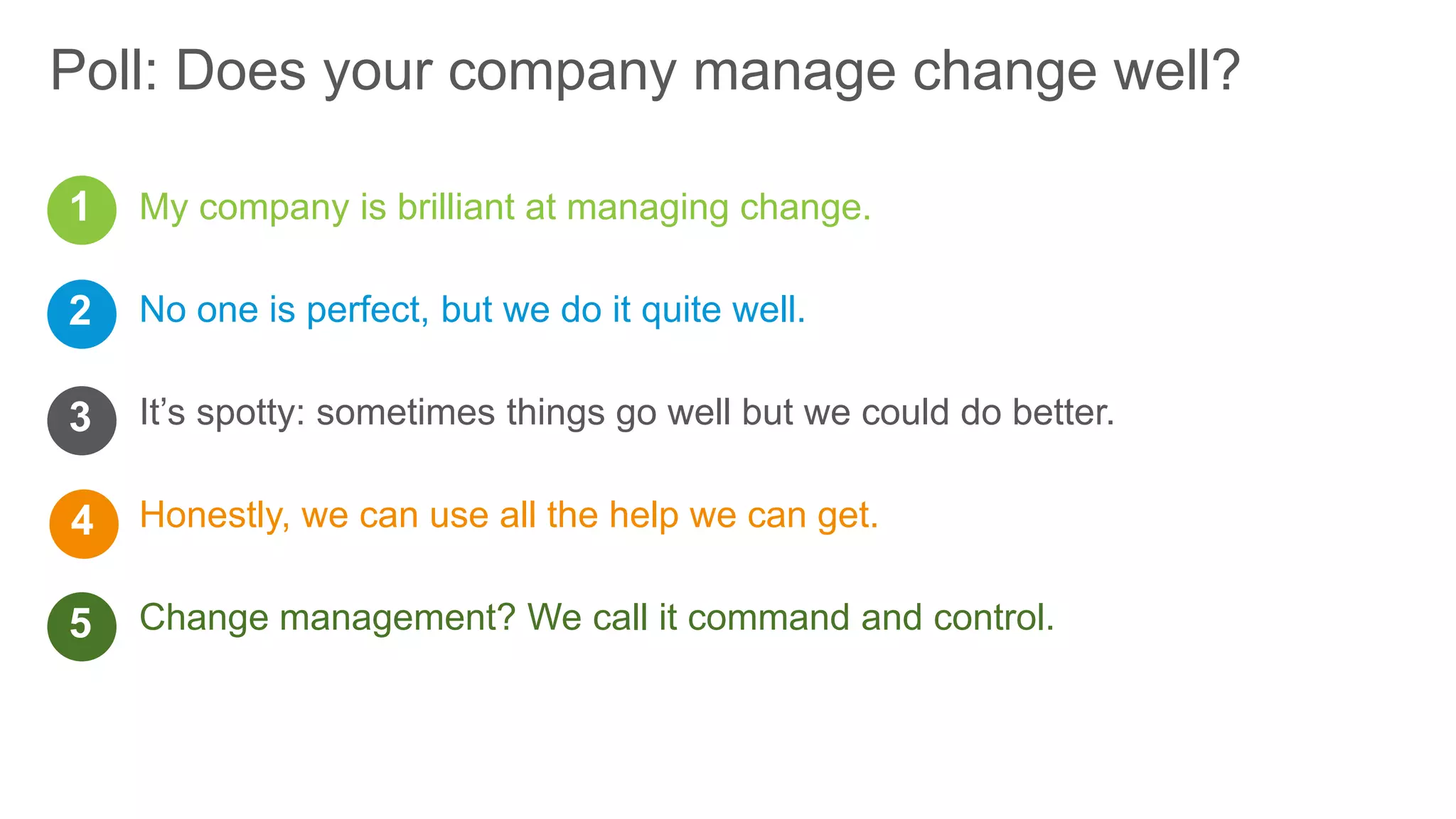 Poll: Does your company manage change well?
My company is brilliant at managing change.
No one is perfect, but we do it quite well.
It’s spotty: sometimes things go well but we could do better.
Honestly, we can use all the help we can get.
Change management? We call it command and control.
1
2
3
4
5
 