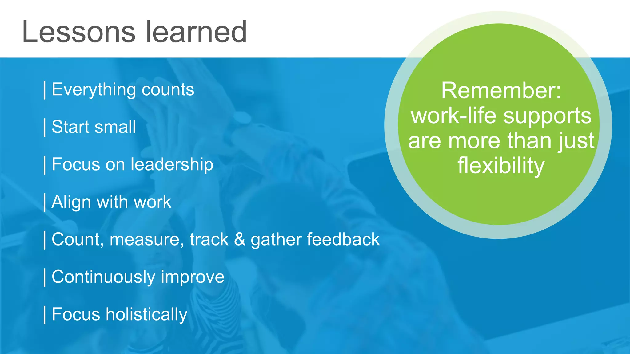 Lessons learned
| Everything counts
| Start small
| Focus on leadership
| Align with work
| Count, measure, track & gather feedback
| Continuously improve
| Focus holistically
Remember:
work-life supports
are more than just
flexibility
 