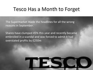 Tesco 
Has 
a 
Month 
to 
Forget 
The 
Supermarket 
made 
the 
headlines 
for 
all 
the 
wrong 
reasons 
in 
September. 
Shares 
have 
clumped 
45% 
this 
year 
and 
recently 
became 
embroiled 
in 
a 
scandal 
and 
was 
forced 
to 
admit 
it 
had 
overstated 
profits 
by 
£250m 
 
