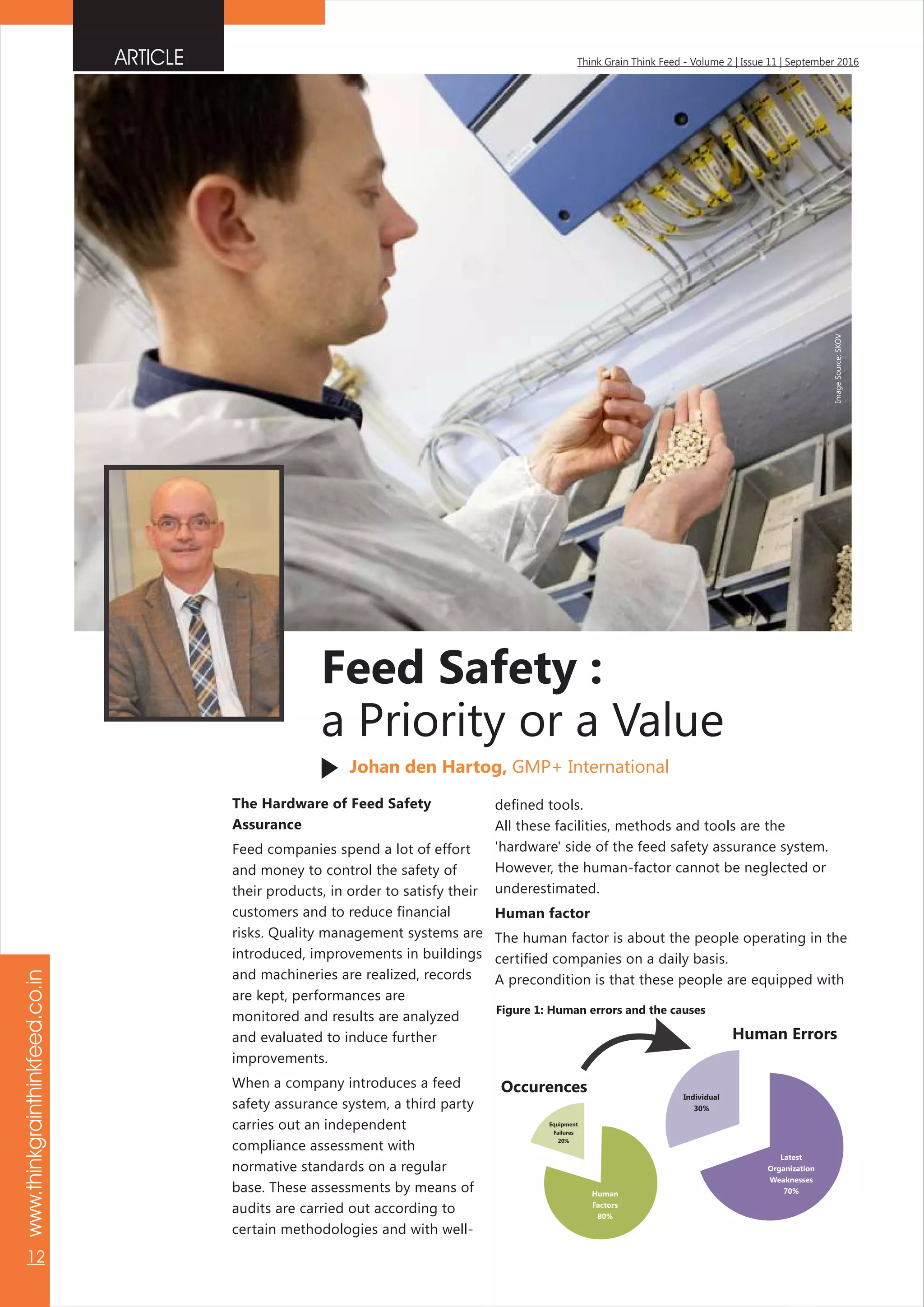 Human Errors
Occurences
Human
Factors
80%
Equipment
Failures
20%
Individual
30%
Latest
Organization
Weaknesses
70%
Figure 1: Human errors and the causes
Johan den Hartog, GMP+ International
www.thinkgrainthinkfeed.co.in
12
Think Grain Think Feed - Volume 2 | Issue 11 | September 2016ARTICLE
The Hardware of Feed Safety
Assurance
Feed companies spend a lot of effort
and money to control the safety of
their products, in order to satisfy their
customers and to reduce financial
risks. Quality management systems are
introduced, improvements in buildings
and machineries are realized, records
are kept, performances are
monitored and results are analyzed
and evaluated to induce further
improvements.
When a company introduces a feed
safety assurance system, a third party
carries out an independent
compliance assessment with
normative standards on a regular
base. These assessments by means of
audits are carried out according to
certain methodologies and with well-
defined tools.
All these facilities, methods and tools are the
'hardware' side of the feed safety assurance system.
However, the human-factor cannot be neglected or
underestimated.
Human factor
The human factor is about the people operating in the
certified companies on a daily basis.
A precondition is that these people are equipped with
Feed Safety :
a Priority or a Value
ImageSource:SKOV
 