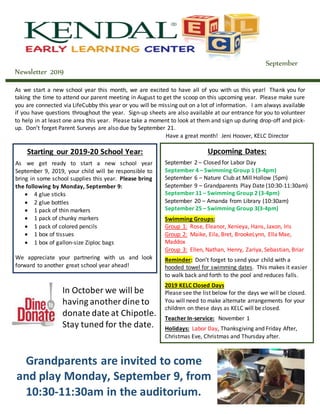 September
Newsletter 2019
As we start a new school year this month, we are excited to have all of you with us this year! Thank you for
taking the time to attend our parent meeting in August to get the scoop on this upcoming year. Please make sure
you are connected via LifeCubby this year or you will be missing out on a lot of information. I am always available
if you have questions throughout the year. Sign-up sheets are also available at our entrance for you to volunteer
to help in at least one area this year. Please take a moment to look at them and sign up during drop-off and pick-
up. Don’t forget Parent Surveys are also due by September 21.
Have a great month! Jeni Hoover, KELC Director
In October we will be
having another dine to
donate date at Chipotle.
Stay tuned for the date.
Grandparents are invited to come
and play Monday, September 9, from
10:30-11:30am in the auditorium.
Starting our 2019-20 School Year:
As we get ready to start a new school year
September 9, 2019, your child will be responsible to
bring in some school supplies this year. Please bring
the following by Monday, September 9:
 4 glue sticks
 2 glue bottles
 1 pack of thin markers
 1 pack of chunky markers
 1 pack of colored pencils
 1 box of tissues
 1 box of gallon-size Ziploc bags
We appreciate your partnering with us and look
forward to another great school year ahead!
Upcoming Dates:
September 2 – Closed for Labor Day
September 4 – Swimming Group 1 (3-4pm)
September 6 – Nature Club at Mill Hollow (5pm)
September 9 – Grandparents Play Date (10:30-11:30am)
September 11 – Swimming Group 2 (3-4pm)
September 20 – Amanda from Library (10:30am)
September 25 – Swimming Group 3(3-4pm)
Swimming Groups:
Group 1: Rose, Eleanor, Xenieya, Hans, Jaxon, Iris
Group 2: Maike, Eila, Bret, BrookeLynn, Ella Mae,
Maddox
Group 3: Ellen, Nathan, Henry, Zariya, Sebastian, Briar
Reminder: Don’t forget to send your child with a
hooded towel for swimming dates. This makes it easier
to walk back and forth to the pool and reduces falls.
2019 KELC Closed Days
Please see the list below for the days we will be closed.
You will need to make alternate arrangements for your
children on these days as KELC will be closed.
Teacher In-service: November 1
Holidays: Labor Day, Thanksgiving and Friday After,
Christmas Eve, Christmas and Thursday after.
 