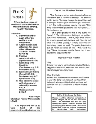 P e-K
   r
                                         Out of the Mouth of Babes

                                     “One Sunday, a pastor was using squirrels as an
 Ti dbi t s                     illustration for a children’s message. He started
                                out by saying, “I’m going to describe something, and
     s
  “Twenty-five years of         I want you to raise your hand when you know what
research has identified six     it is.” The children nodded eagerly. He said: “This
  traits that build strong,     thing lives in trees (pause) and eats nuts (pause)….”
      healthy families.
                                No hands went up.
They are:                              “It is gray (pause) and has a long bushy tail
     1. Commitment to           (pause)…” The children were looking at each other,
        each other’s            but still no hands rose. “And it jumps from branch
        welfare and             to branch (pause) and chatters and flips its tail
        happiness.              when it’s excited (pause)…” Finally one little boy
     2. Appreciation and        tentatively raised his hand. The pastor breathed a
        affection for each      sigh of relief and called on him. “Well,” said the
        other (Genesis
                                boy, “I know the answer must be Jesus….but it sure
        2:23-24; Psalm
                                sounds like a squirrel to me!”
        127:3-4)
     3. Positive
        communication                        Improve Your Health
        (Ephesians 6:1-4)
     4. Spending time           Sing.
        together                Singing your way to work releases physical tension,
        (Deuteronomy 6:7;       oxygenates the blood, exercises your muscles, and
        Proverbs 22:6)          liberates suppressed emotions.
     5. Spiritual well-being
        (Acts 2:38-39;          Show Gratitude.
        Deuteronomy 6:7;
                                Write a note to someone who has made a difference
        Ephesians 6:4)
                                in your life. Long-term research has found that
     6. The ability to cope
                                individuals who report high level of gratitude and
        with stress and
        crisis (Ephesians       optimism have a 23% lower risk of health-related
        6:4; 1                  death.
        Thessalonians
        2:11).”
                                            In Pre-K We Learn By Doing
                 Kay Meyer
                                      Please read the attached apricot sheet
Christian Family Ministries—          about stages of art in the preschool
LCMS                                  child.  As teachers we are not only
                                      concerned about Academic Readiness but
    It is important for us to         developing the Whole Child. Preschool
take       hold    of     the         gives your child the chance to prepare
                                      by    developing     their:  Language,
opportunities God gives our           Physical, Social, Cognitive & Discovery
 