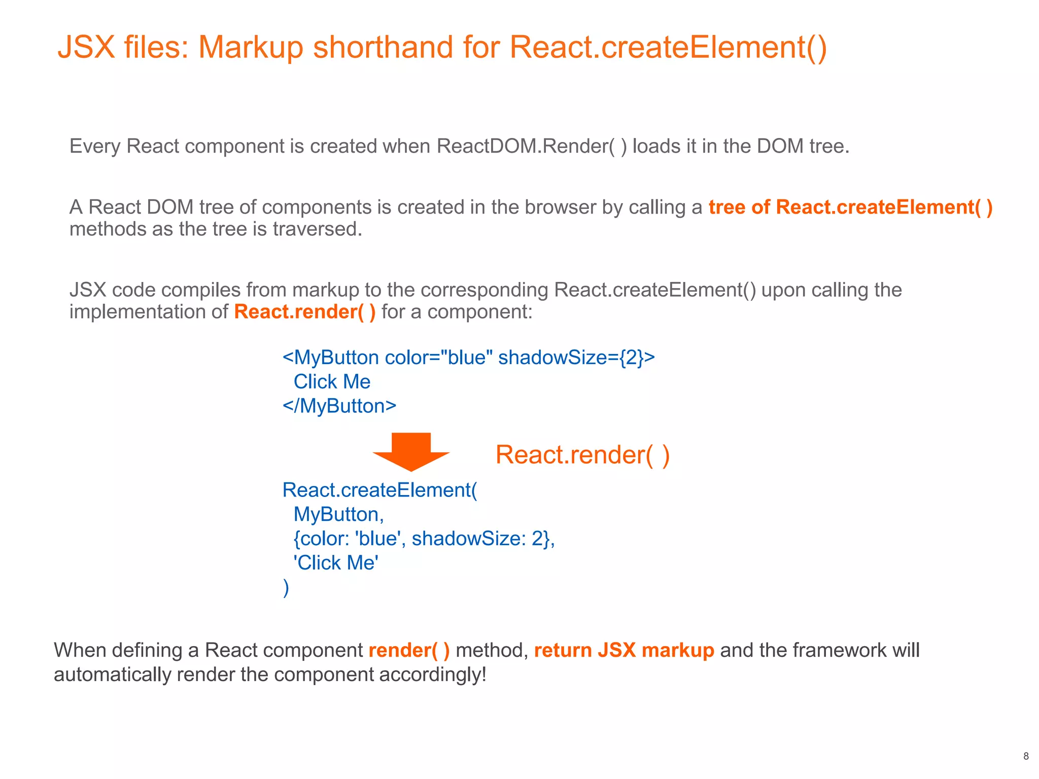 JSX files: Markup shorthand for React.createElement()
Every React component is created when ReactDOM.Render( ) loads it in the DOM tree.
A React DOM tree of components is created in the browser by calling a tree of React.createElement( )
methods as the tree is traversed.
JSX code compiles from markup to the corresponding React.createElement() upon calling the
implementation of React.render( ) for a component:
8
<MyButton color="blue" shadowSize={2}>
Click Me
</MyButton>
React.createElement(
MyButton,
{color: 'blue', shadowSize: 2},
'Click Me'
)
When defining a React component render( ) method, return JSX markup and the framework will
automatically render the component accordingly!
React.render( )
 