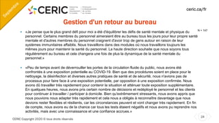 CERIC Copyright 2020 © tous droits réservés
24
ceric.ca/fr
Gestion d'un retour au bureau
§ «Je pense que le plus grand défi pour moi a été d'équilibrer les défis de santé mentale et physique du
personnel. Certains membres du personnel aimeraient être au bureau tous les jours pour leur propre santé
mentale et d'autres membres du personnel craignent d'avoir trop de gens autour en raison de leur
systèmes immunitaires affaiblis. Nous travaillons dans des modules où nous travaillons toujours les
mêmes jours pour maintenir la santé du personnel. La haute direction souhaite que nous soyons tous
régulièrement au bureau et cela changera une fois de plus la dynamique de la santé mentale du
personnel.»
§ «Peu de temps avant de déverrouiller les portes de la circulation fluide du public, nous avons été
confrontés à une exposition potentielle au COVID-19. Bien que des procédures soient en place pour le
nettoyage, la désinfection et diverses autres pratiques de santé et de sécurité, nous n'avions pas de
processus pour faire face à une exposition potentielle, par opposition à une exposition confirmée. Nous
avons dû travailler très rapidement pour contenir la situation et atténuer toute exposition supplémentaire.
En quelques heures, nous avons pris certain nombre de décisions et redéployé le personnel et les clients
pour continuer à travailler / participer à domicile. Bien qu'extrêmement stressants, nous avons appris que
nous pouvions nous adapter très rapidement et cela nous a obligés à reconnaître davantage que nous
devions rester flexibles et résilients, car les circonstances peuvent et vont changer très rapidement. En fin
de compte, nous avons eu de la chance car tous les tests étaient négatifs et nous avons pu reprendre nos
activités, mais avec une connaissance et une confiance accrues.»
Septem
bre
N = 147
 