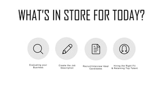 WHAT’S IN STORE FOR TODAY?
Evaluating your
Business
Create the Job
Description
Recruit/Interview Ideal
Candidates
Hiring the Right Fit
& Retaining Top Talent
 