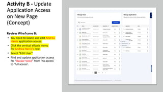 Review Wireframe B:
• You need to locate and edit Andrea
Harris application access.
• Click the vertical ellipsis menu
for Andrea Harris’s row.
• Select ”Edit User"
• Find and update application access
for “Bazaar Voice” from ‘no access’
to ‘full access’.
Activity B - Update
Application Access
on New Page
(Concept)
 