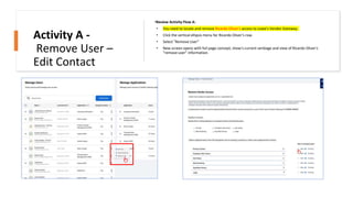 •Review Activity Flow A:
• You need to locate and remove Ricardo Oliver's access to Lowe's Vendor Gateway.
• Click the vertical ellipsis menu for Ricardo Oliver's row.
• Select "Remove User”
• New screen opens with full page concept, show’s current verbiage and view of Ricardo Oliver's
“remove user” information.
Activity A -
Remove User –
Edit Contact
 