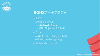 BONXアーキテクチャ
アプリ
VoIPクライアント
Android : Scala
iOS : Objective C / Swift
サーバー
APIサーバー : Ruby on Rails
Voiceサーバー : golang
Bluetoothヘッドセット
 