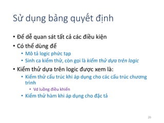 Sử dụng bảng quyết định 
• Để dễ quan sát tất cả các điều kiện 
• Có thể dùng để 
• Mô tả logic phức tạp 
• Sinh ca kiểm thử, còn gọi là kiểm thử dựa trên logic 
• Kiểm thử dựa trên logic được xem là: 
• Kiểm thử cấu trúc khi áp dụng cho các cấu trúc chương 
trình 
• Vd luồng điều khiển 
• Kiểm thử hàm khi áp dụng cho đặc tả 
20 
 