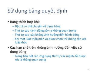 Sử dụng bảng quyết định 
• Bảng thích hợp khi: 
– Đặc tả có thể chuyển về dạng bảng 
– Thứ tự các hành động xảy ra không quan trọng 
– Thứ tự các luật không ảnh hưởng đến hành động 
– Khi một luật thỏa mãn và được chọn thì không cần xét 
luật khác 
• Các hạn chế trên không ảnh hưởng đến việc sử 
dụng bảng 
• Trong hầu hết các ứng dụng thứ tự các mệnh đề được 
xét là không quan trọng 
21 
 