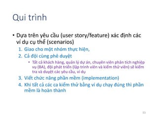 Qui trình 
• Dựa trên yêu cầu (user story/feature) xác định các 
ví dụ cụ thể (scenarios) 
1. Giao cho một nhóm thực hiện, 
2. Cả đội cùng phê duyệt 
• Tất cả khách hàng, quản lý dự án, chuyên viên phân tích nghiệp 
vụ (BA), đội phát triển (lập trình viên và kiểm thử viên) sẽ kiểm 
tra và duyệt các yêu cầu, ví dụ 
3. Viết chức năng phần mềm (implementation) 
4. Khi tất cả các ca kiểm thử bằng ví dụ chạy đúng thì phần 
mềm là hoàn thành 
53 
 