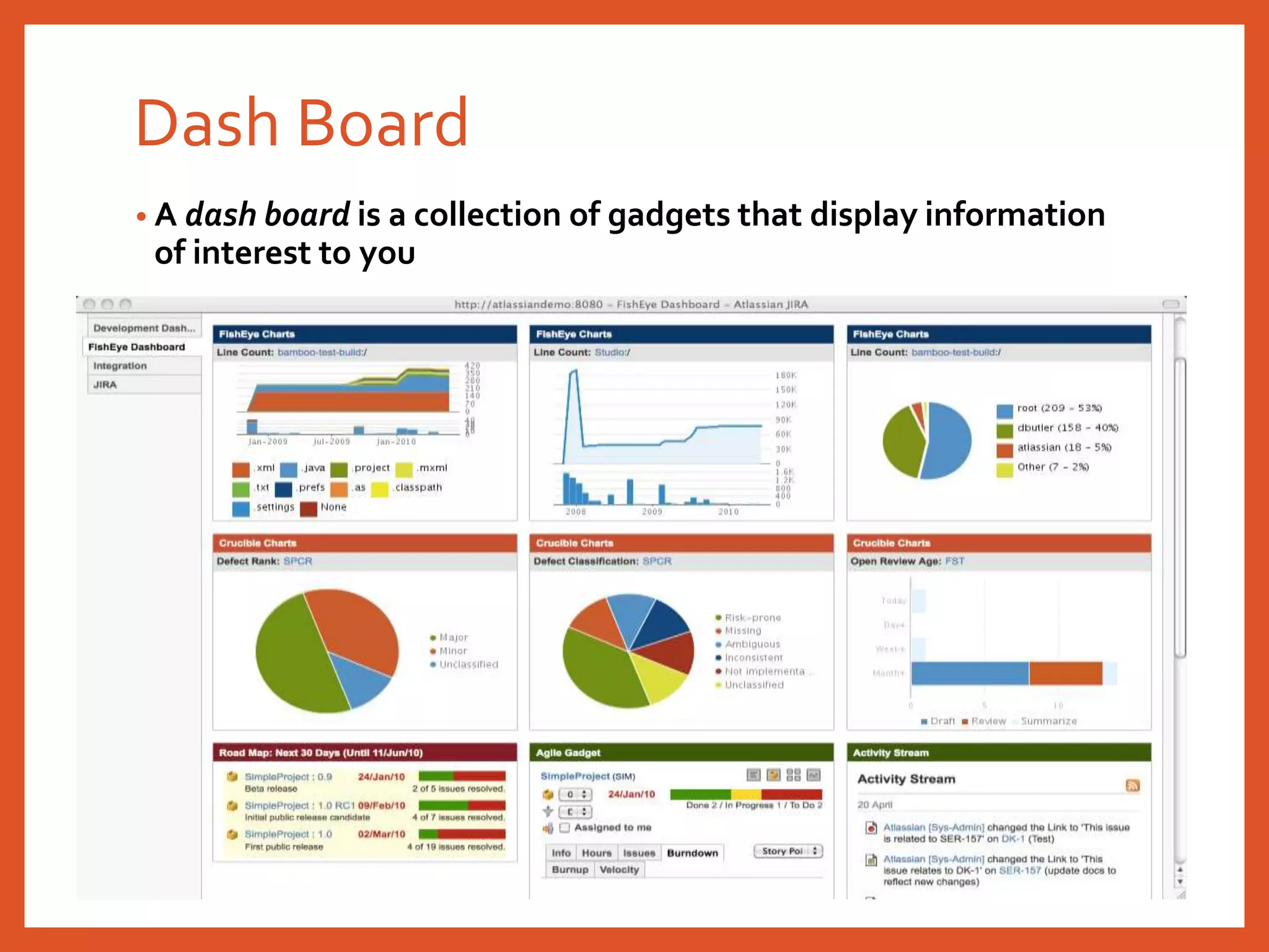 Dash Board
• A dash board is a collection of gadgets that display information
of interest to you
 