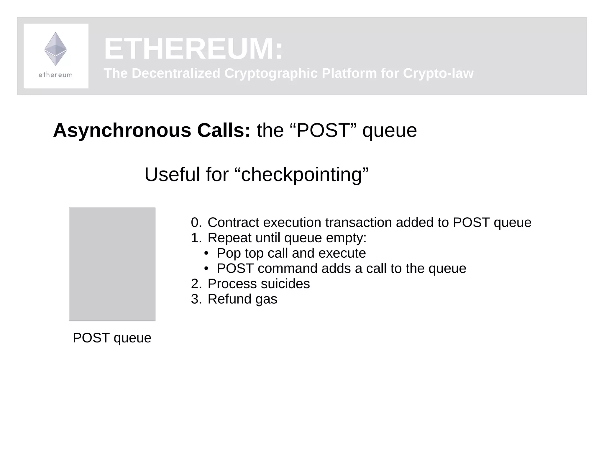ETHEREUM: 
The Decentralized Cryptographic Platform for Crypto-law 
Asynchronous Calls: the “POST” queue 
Useful for “checkpointing” 
0. Contract execution transaction added to POST queue 
1. Repeat until queue empty: 
● Pop top call and execute 
● POST command adds a call to the queue 
2. Process suicides 
3. Refund gas 
POST queue 
 