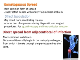 Most common form of spread
Usually affect people with underlying medical problem


May result from penetrating trauma
Introduction of organisms during diagnostic and surgical
 procedures. For eg arthroscopy and intra-articular injection


More common in children.
Osteomyelitis usually begin in the metaphyseal region,
from which it breaks through the periosteum into the
joint.
 