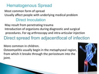 Hematogenous Spread
Most common form of spread
Usually affect people with underlying medical problem
Direct Inoculation
May result from penetrating trauma
Introduction of organisms during diagnostic and surgical
procedures. For eg arthroscopy and intra-articular injection
More common in children.
Osteomyelitis usually begin in the metaphyseal region,
from which it breaks through the periosteum into the
joint.
 