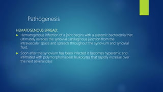 HEMATOGENOUS SPREAD:
 Hematogenous infection of a joint begins with a systemic bacteremia that
ultimately invades the synovial cartilaginous junction from the
intravascular space and spreads throughout the synovium and synovial
fluid.
 Soon after the synovium has been infected it becomes hyperemic and
infiltrated with polymorphonuclear leukocytes that rapidly increase over
the next several days
Pathogenesis
 