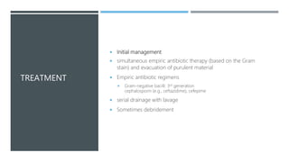 TREATMENT
 Initial management
 simultaneous empiric antibiotic therapy (based on the Gram
stain) and evacuation of purulent material
 Empiric antibiotic regimens
 Gram-negative bacilli: 3rd generation
cephalosporin (e.g., ceftazidime), cefepime
 serial drainage with lavage
 Sometimes debridement
 