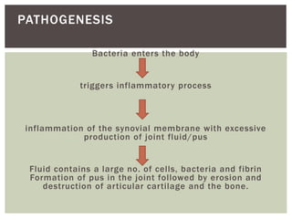 Inflammation of the synovial membrane
Bacteria enters the body
triggers inflammatory process
inflammation of the synovial membrane with excessive
production of joint fluid/pus
Fluid contains a large no. of cells, bacteria and fibrin
Formation of pus in the joint followed by erosion and
destruction of articular cartilage and the bone.
PATHOGENESIS
 