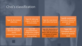 Choi's classification
Type IA: No residual
deformity
Type IB: mild coxa
magna. It needs no
reconstruction.
Type IIA: coxa brevia
with deformed head
TypeIIB: asymmetric
premature closure of
proximal femoral
physis
Type IIIA: Slipping at
femoral neck with
severe
anteversion/retrovers
ion
Type IIIB:
pseudoarthrosis -
realignment surgery
for proximal femur or
bone grafting.
Type IVA: Destruction of
the head and neck of
femur with the presence
of remnant of medial
base of neck.
Type IVB:
Complete loss of
femoral head &
neck
 