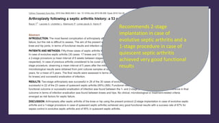 Recommends 2-stage
implantation in case of
evolutive septic arthritis and a
1-stage procedure in case of
quiescent septic arthritis
achieved very good functional
results
 