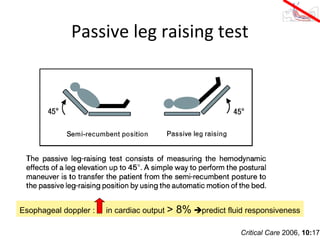 Passive leg raising test




Esophageal doppler :   in cardiac output >   8% predict fluid responsiveness

                                                             Critical Care 2006, 10:170
 
